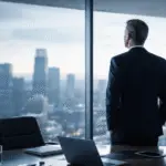 Senior executive standing in a modern boardroom overlooking a city skyline.