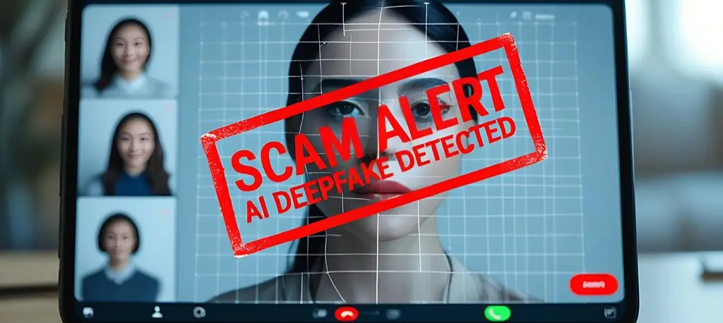 An alert warning about a deepfake scam showing on a tablet