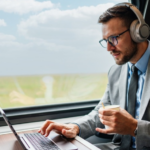 An executive using his laptop while traveling on a train