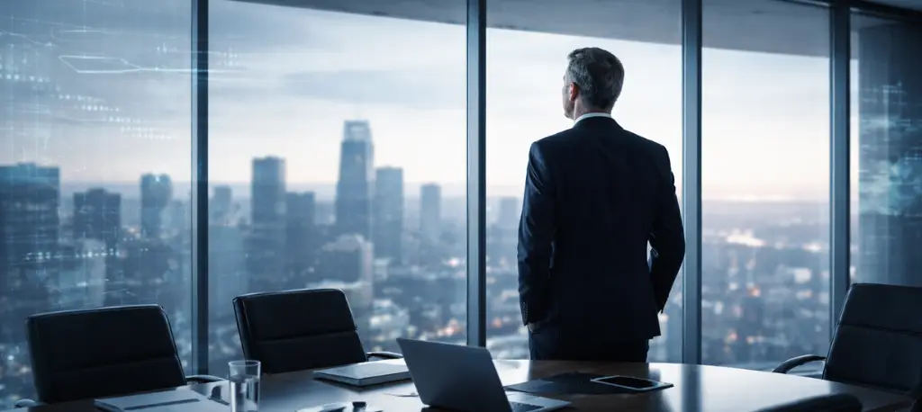 Senior executive standing in a modern boardroom overlooking a city skyline.