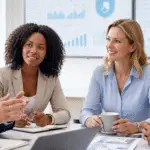 Modern business leaders discussing data privacy strategy in a bright office meeting.