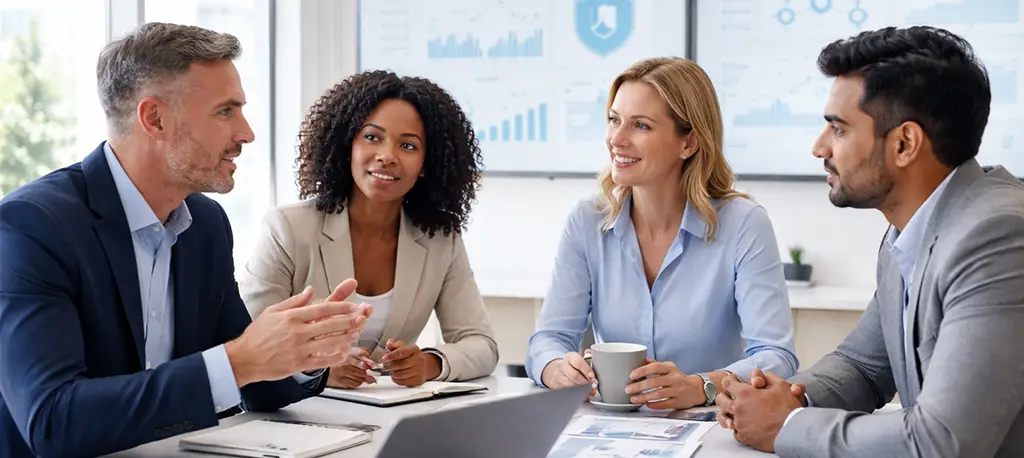 Modern business leaders discussing data privacy strategy in a bright office meeting.