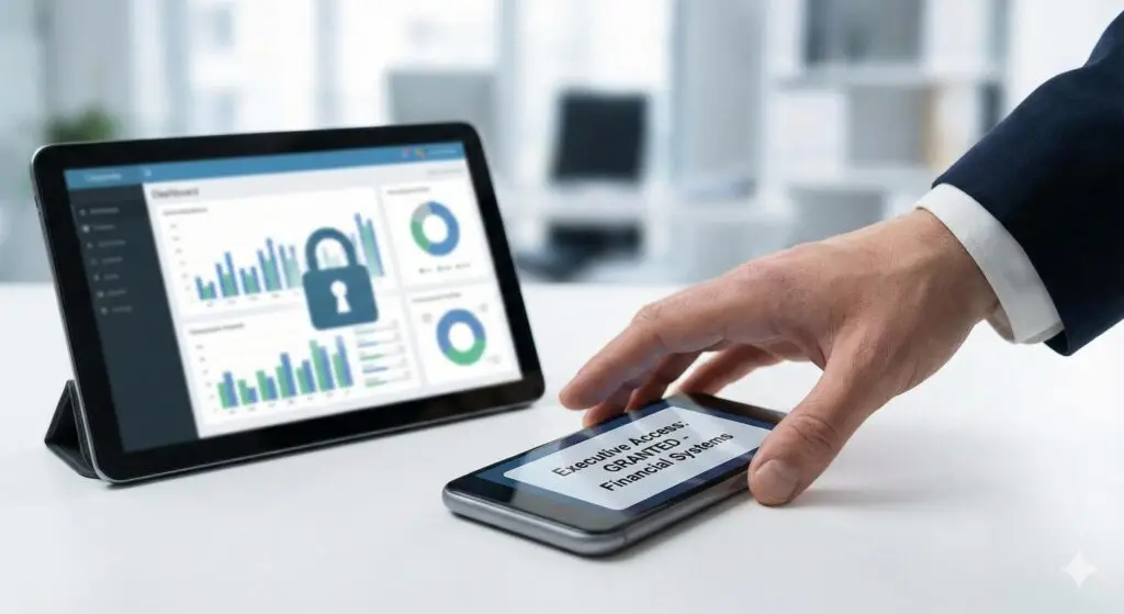 A hand reaching for a smartphone displaying a notification for granted executive financial access.