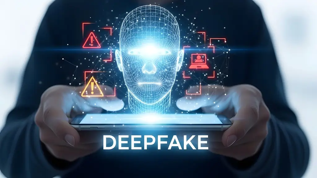 A person holding a phone displaying a glowing holographic head with deepfake tex