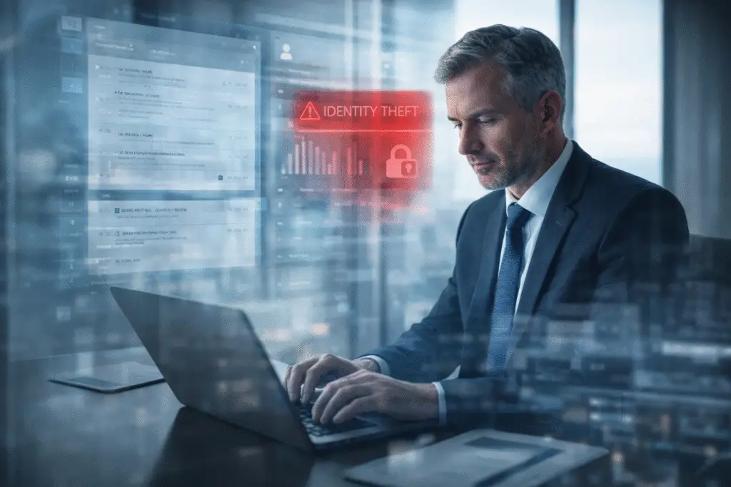 Senior executive working on a laptop with a red identity theft alert in the background.