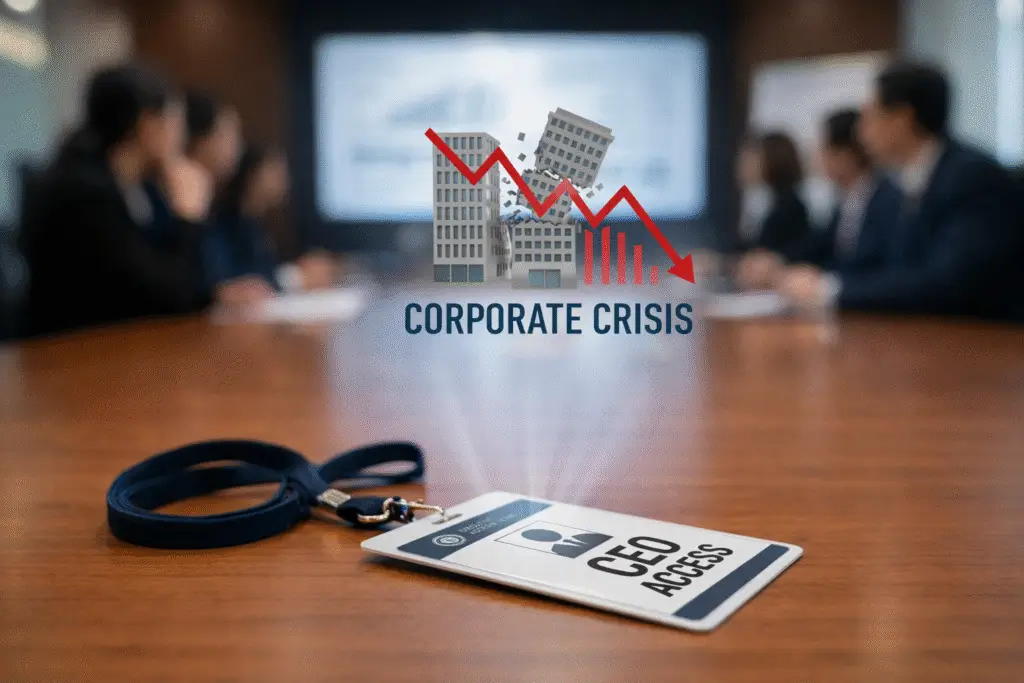 CEO access badge on boardroom table with corporate crisis graphic and tense executive meeting in the background.