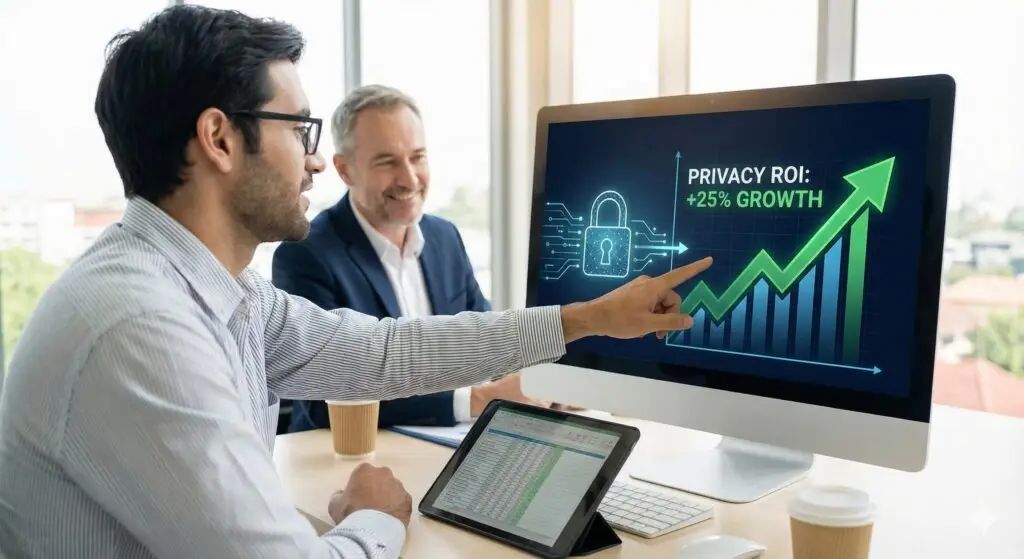A digital balance scale showing privacy investments weighing equal to financial growth.