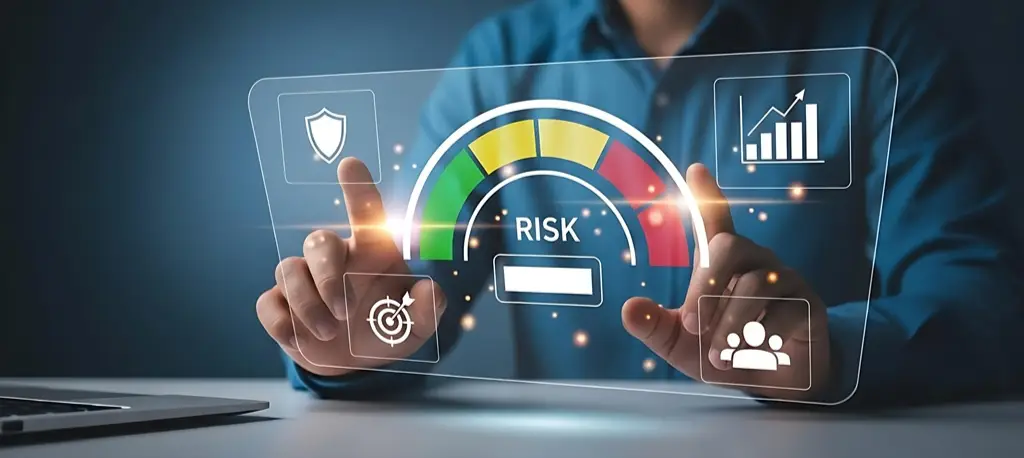 A hologram with a risk assessment dashboard with a gauge meter and business analytics icons