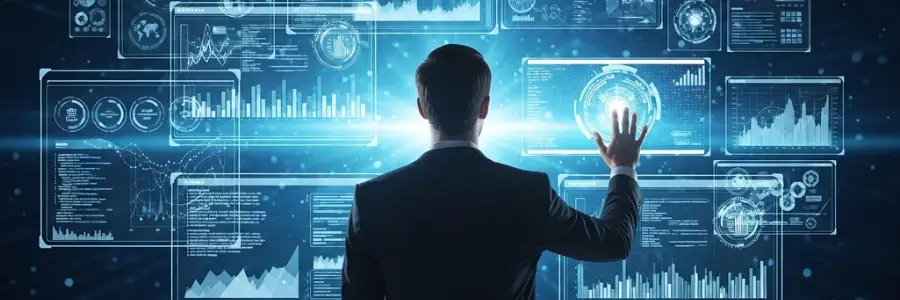 An executive operating multiple futuristic hologram interfaces