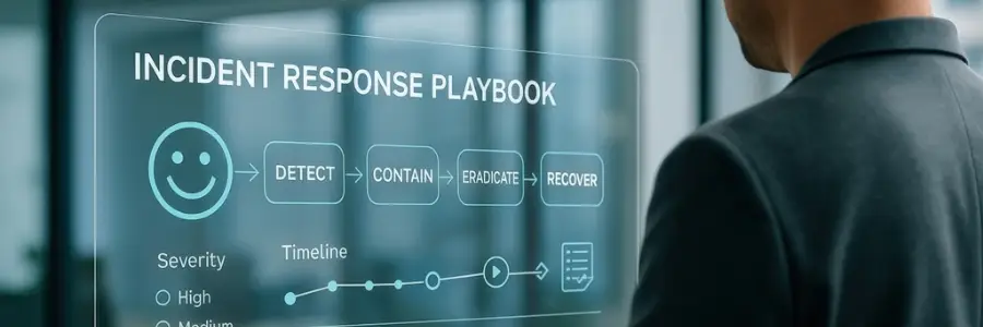 A leader working on a cybersecurity playbook shown on a futuristic hologram