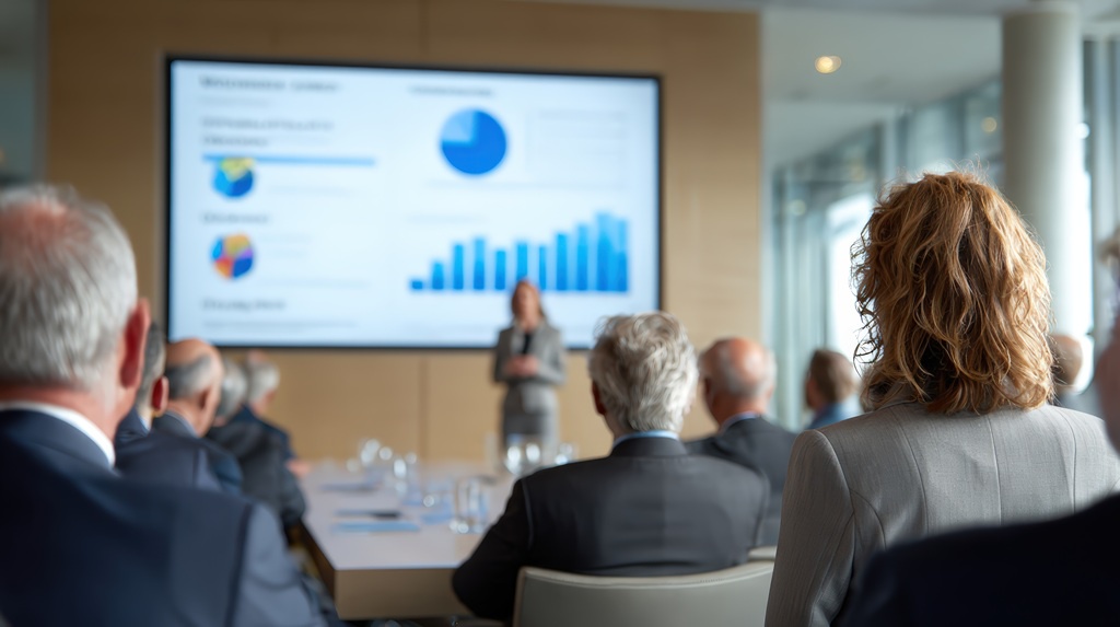 An executive presenting a cybersecurity report to board members with a screen displaying various metrics