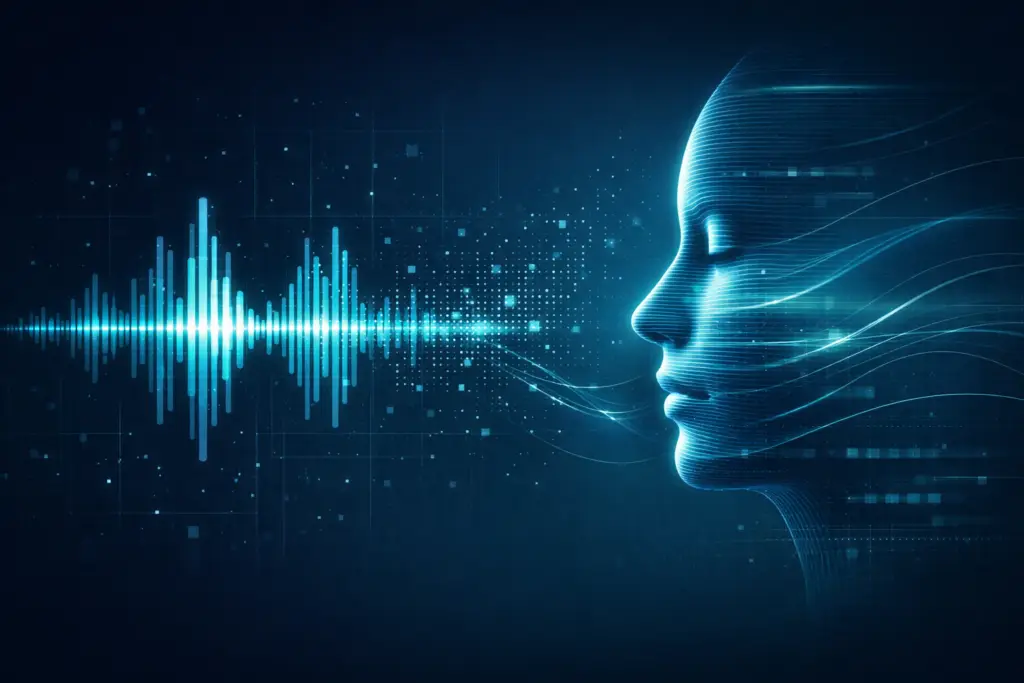 Illustration of AI audio waveform being analyzed and reconstructed into a human voice — representing AI voice cloning technology.