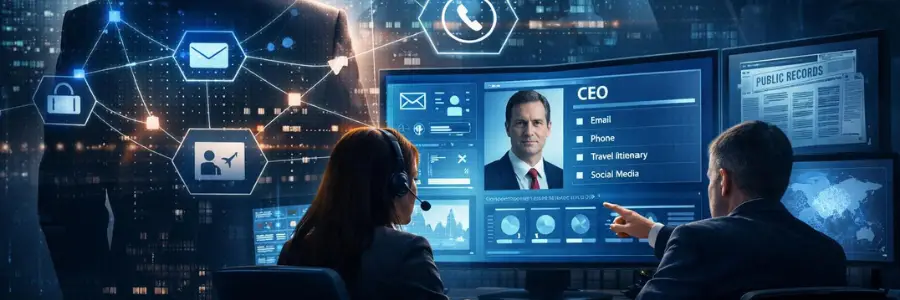 Corporate espionage concept showing threat actors analyzing an executive’s digital footprint and public data to build an intelligence profile.