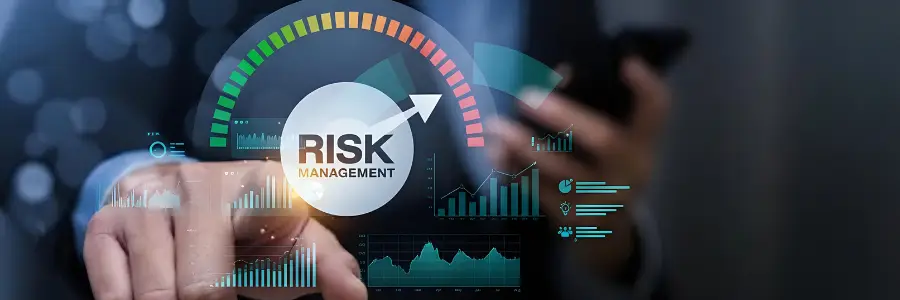 A businessman touching a digital risk management dashboard