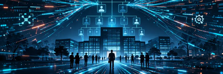 Abstract visualization of AI-accelerated attack paths converging on a corporate org chart, representing Mythos-powered threat velocity.