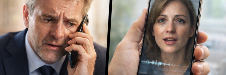 AI voice cloning and deepfake scam concept. A worried person on a phone call while an AI-generated face of a family member appears on a screen.
