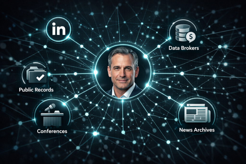 Executive’s digital footprint visualized as data nodes connecting across social media, public records, and data broker databases, showing how personal information is aggregated.