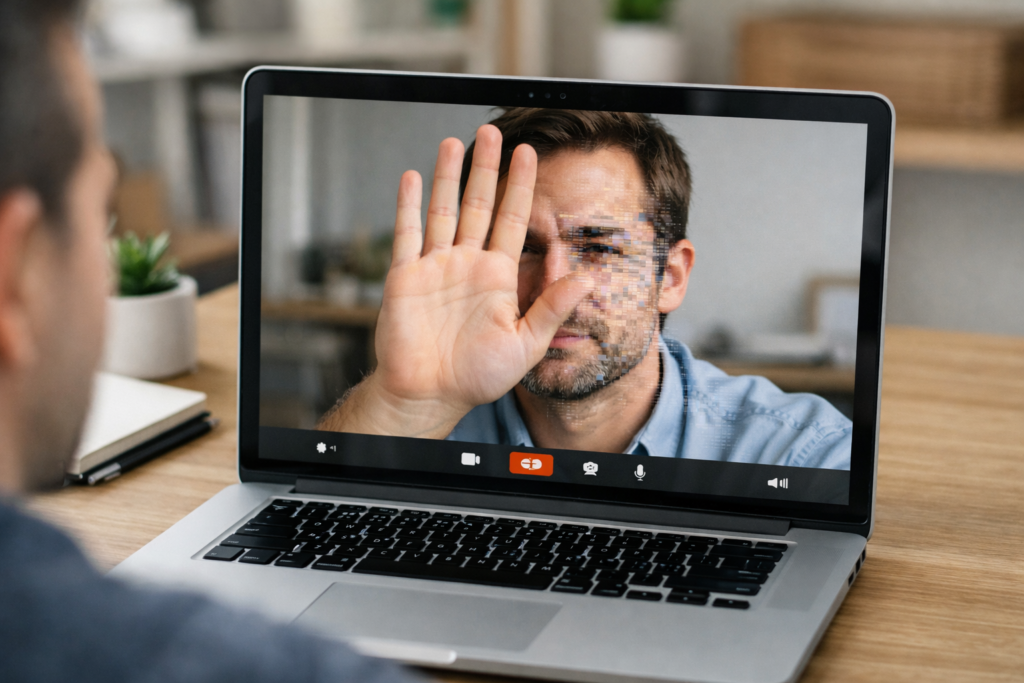 Person on a video call holding their hand in front of their face to perform an occlusion test, checking for deepfake visual artifacts.