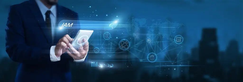 A businessman using a smartphone and a visualization of AIM